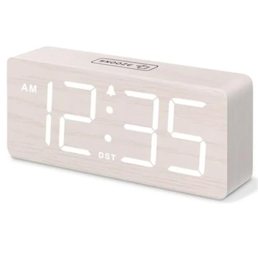 Wooden digital alarm clock large numbers loud alarm dimmer bedside plug in desk